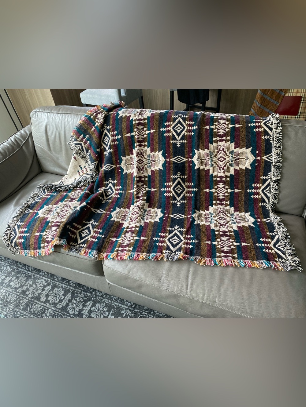 Southwestern-Style Woven Throw Rug in Teal, Burgundy & Cream